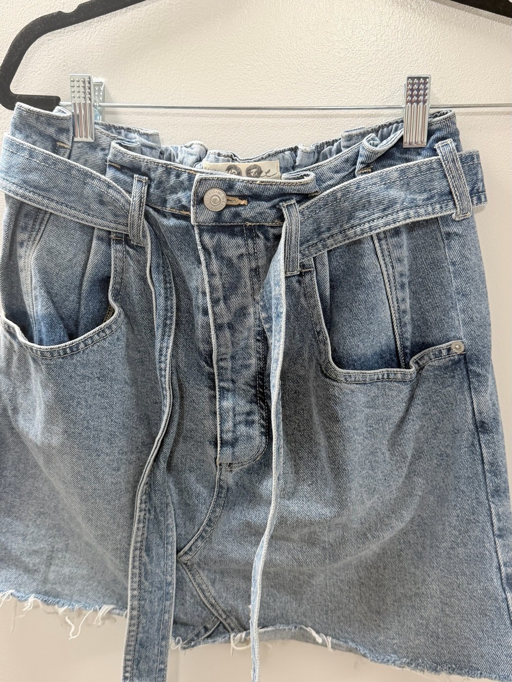 We The Free Light Blue Denim Paperbag Mini Skirt with Tie Waist